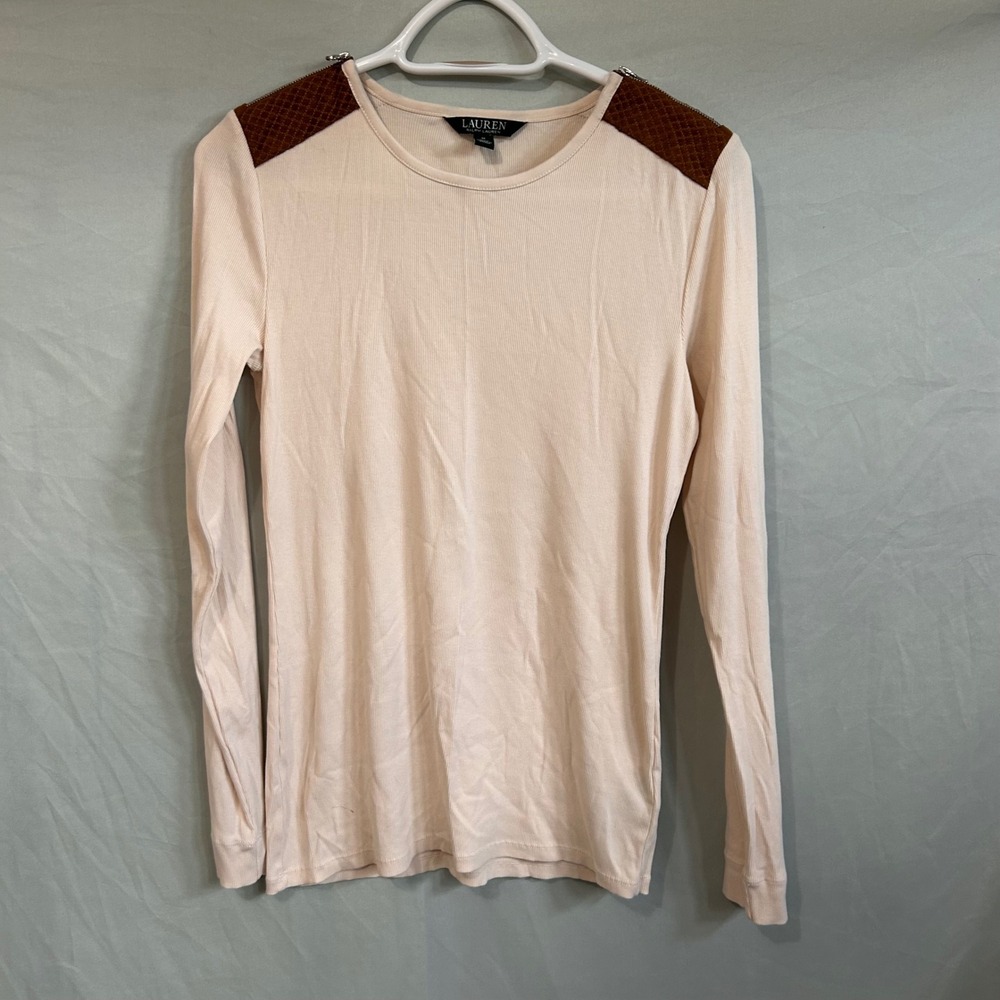 Lauren Ralph Lauren Cream Ribbed Knit Top Brown Quilted Shoulder Zippers M